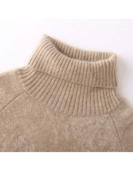 Knitwear manufacturers custom winter khaki turtleneck warm casual cashmere fluffy sweater women knit sweater