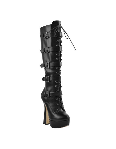 Round toe black color faux leather long boots women's platform high heels footwear private label add on shoes freely