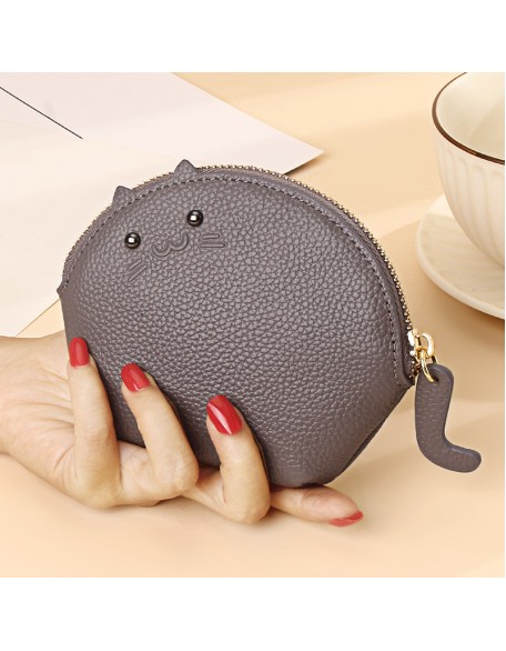 Latest Designer Genuine Leather Women's Mini Lovely Cat Card Holder Zipper Zero Wallet Pouch