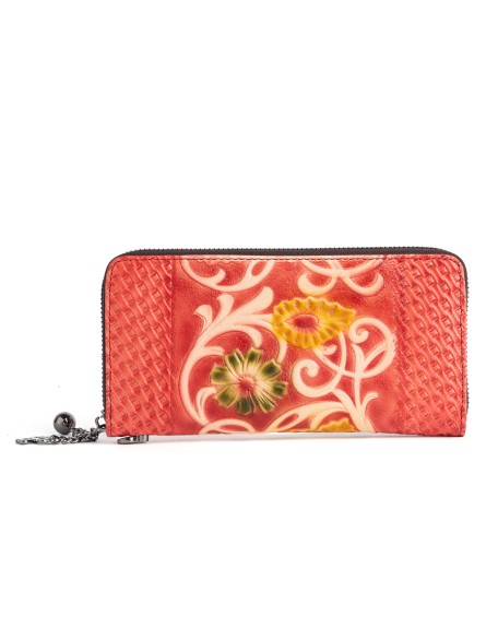 red flower design vintage embossing wallets for women fashionable genuine leather handmade long wallet