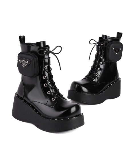 Black color round toe platform shoes women ankle boots with lace up style boat shoes casual footwear