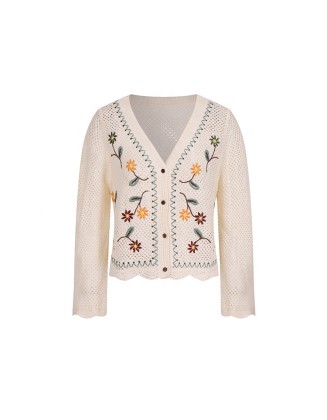 Knitwear manufacturers custom summer cutout knit short V neck long sleeves women crochet cardigan top