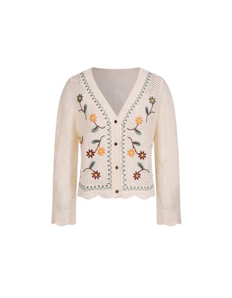Knitwear manufacturers custom summer cutout knit short V neck long sleeves women crochet cardigan top