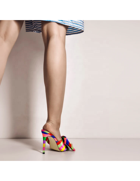 Big Bow tie Rainbow color slide sandal slipper footwear mule heels slip on fashion shoes factory price Satin  material upper