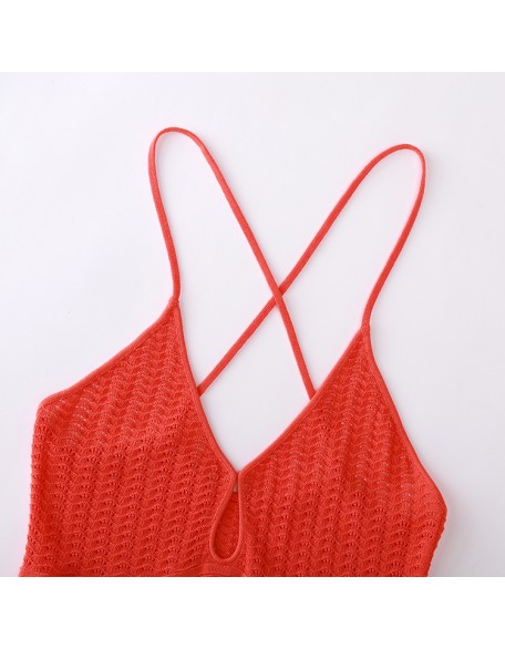 Knitwear manufacturers custom summer red halter backless hollow out elegant casual korean long dress women sweater knit dresses