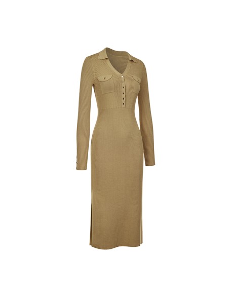 Knitwear manufacturers custom autumn v neck ribbed elegant casual women's dresses vestido longo sweater knit women's dresses