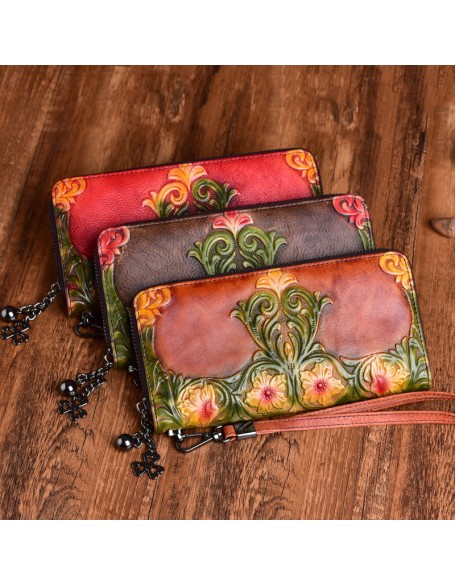 Wholesalers Fashion Designer Genuine Leather Handmade Flower Zipper Women Long Wallet Coin Purse