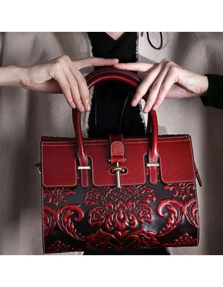 Handbag Fashion Elegant Retro Shoulder Sling Bag Top Handle Bags Genuine Cow Leather for Women Girls Clutch Single Flower CN;GUA