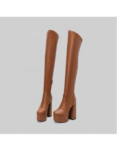 Soft PU material thigh high long boots platform shoes women's boots heels for wholesaler factory price