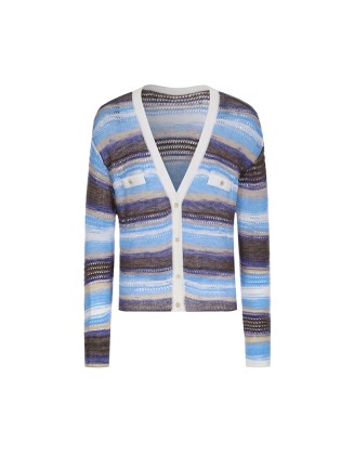 Knitwear manufacturer custom v neck long sleeved striped hollow out knitted cardigan sweater women