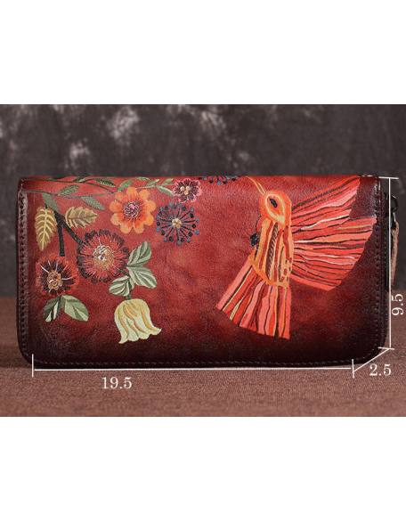 Women's Wallet Genuine Leather Zip Around Wristlet Long Purse Vintage Embossing Cowhide Large Capacity Handmade Clutch Wallet