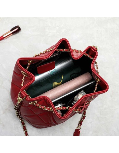 Promotion Ladies Quilted Draw string Genuine Sheepskin Leather Bucket Bag ladies handbags genuine leather custom