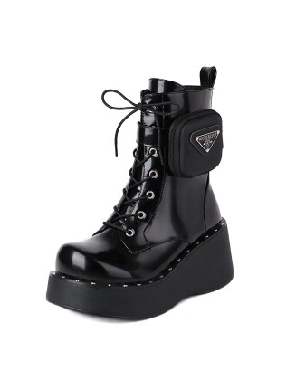 Black color round toe platform shoes women ankle boots with lace up style boat shoes casual footwear