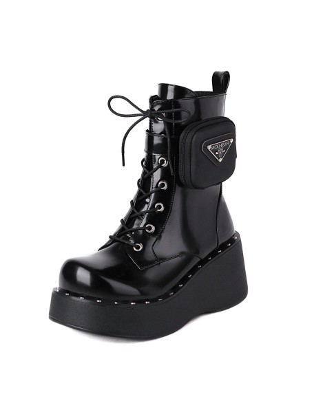 Black color round toe platform shoes women ankle boots with lace up style boat shoes casual footwear