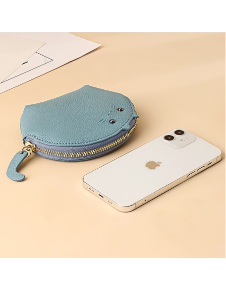 Latest Designer Genuine Leather Women's Mini Lovely Cat Card Holder Zipper Zero Wallet Pouch