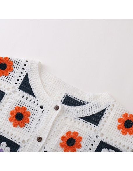 Knitwear manufacturers custom summer white crew neck long sleeves embroidered handmade crochet women cardigan sweater