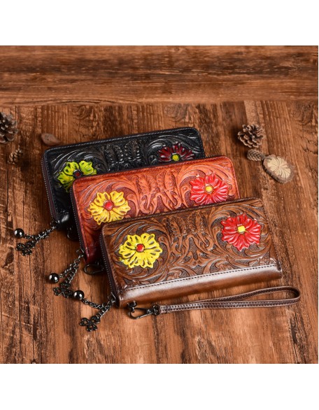 New Arrival Hot Selling Real Leather Embossed Flower Purse Luxury Carved Long Wallets for Women