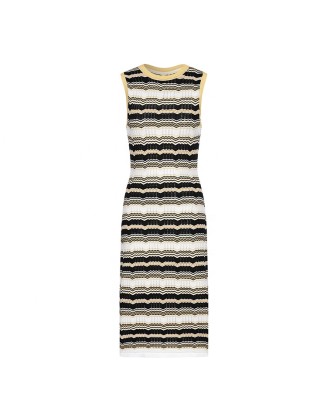 Knitwear manufacturers custom round neck sleeveless elegant oem design stripes long sweater casual dresses knit women's dresses