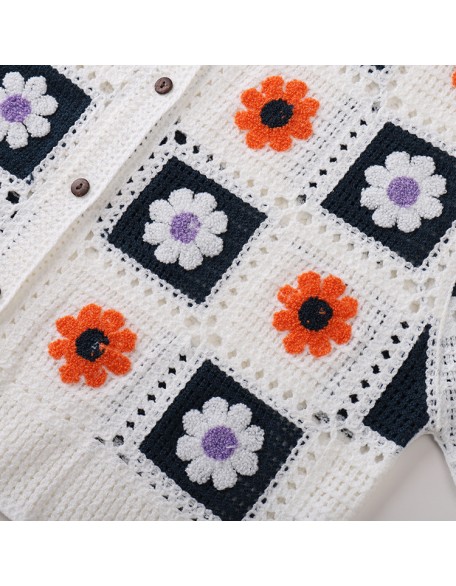 Knitwear manufacturers custom summer white crew neck long sleeves embroidered handmade crochet women cardigan sweater