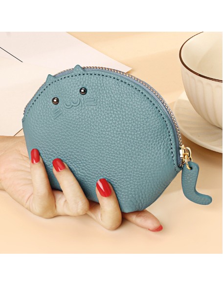 Latest Designer Genuine Leather Women's Mini Lovely Cat Card Holder Zipper Zero Wallet Pouch