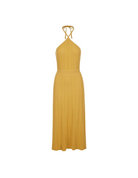 Knitwear manufacturers custom summer halter backless ribbed elegant casual gold dresses women party sweater knit women's dresses