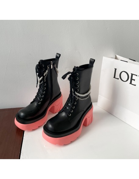Fall season women's flat boat safety boots chunky heel round toe PU lace up shoes with chain