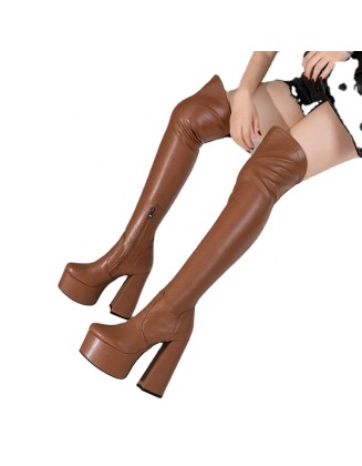 Soft PU material thigh high long boots platform shoes women's boots heels for wholesaler factory price