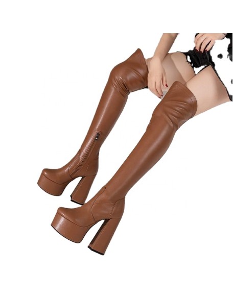 Soft PU material thigh high long boots platform shoes women's boots heels for wholesaler factory price