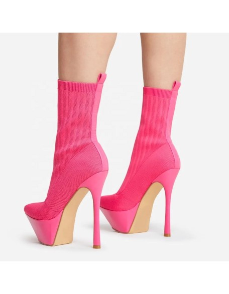 Platform knit material shoes women high heels boots women shoes with pointy toe