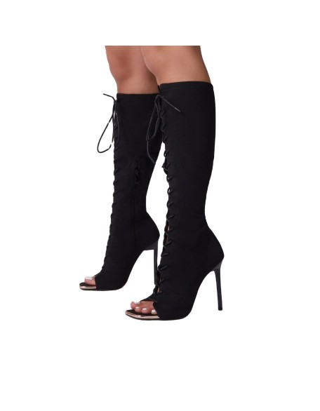 Open toe style lycra  material lace up women's long boots shoes high heels  factory wholesaler ODM design shoes