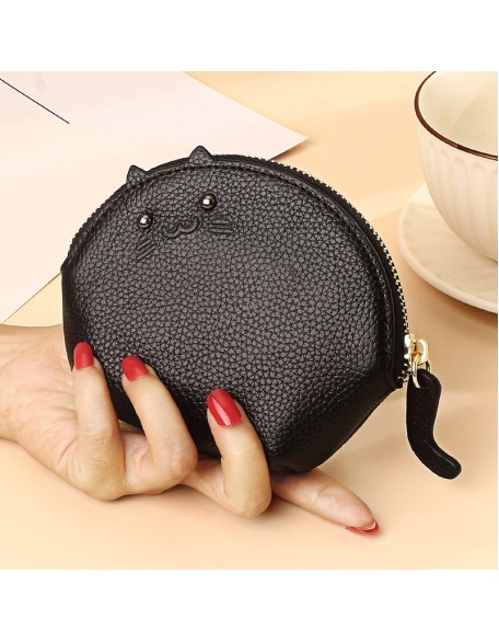 Latest Designer Genuine Leather Women's Mini Lovely Cat Card Holder Zipper Zero Wallet Pouch