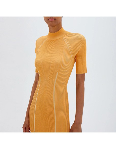 Knitwear manufacturers custom half turtleneck rib elegant casual bandage dresses for women 2023 sweater knit women's dresses