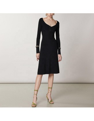 Knitwear manufacturers custom black v neck elegant casual sweater dress women clothing fall 2023 knit women's dresses