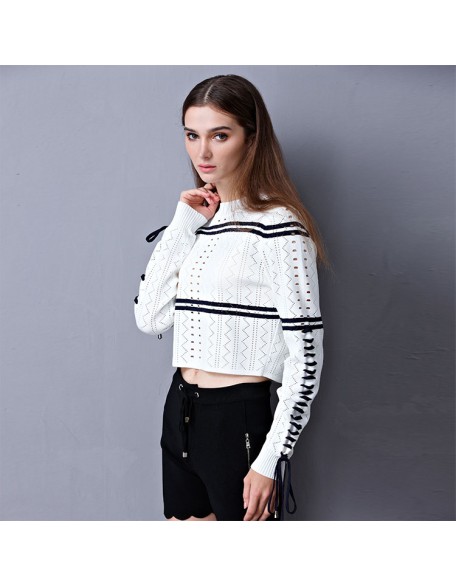 Knitwear manufacturers custom fall long sleeve cutout crop top casual round neck women clothes pullover knitted sweater women
