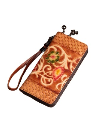 red flower design vintage embossing wallets for women fashionable genuine leather handmade long wallet