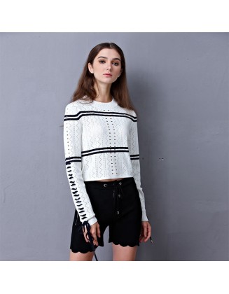 Knitwear manufacturers custom fall long sleeve cutout crop top casual round neck women clothes pullover knitted sweater women