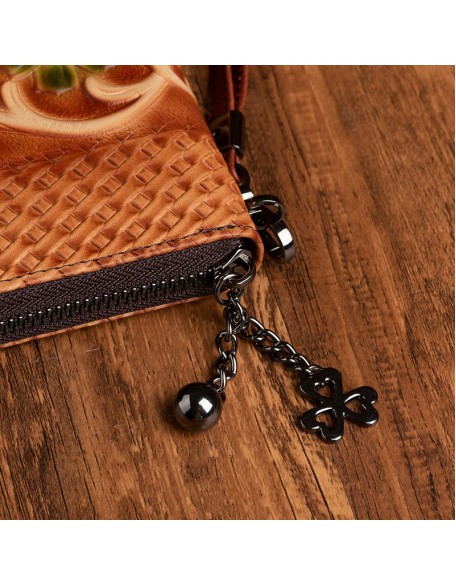 red flower design vintage embossing wallets for women fashionable genuine leather handmade long wallet