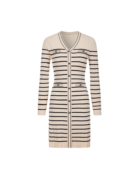 Knitwear manufacturers custom autumn striped v neck elegant casual pictures formal dresses women sweater knit women's dresses