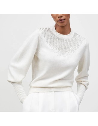 Knitwear manufacturers custom white round neck long sleeves wool elegant knitted fashion loose casual pullovers women sweater