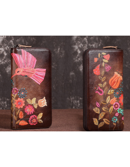 Women's Wallet Genuine Leather Zip Around Wristlet Long Purse Vintage Embossing Cowhide Large Capacity Handmade Clutch Wallet