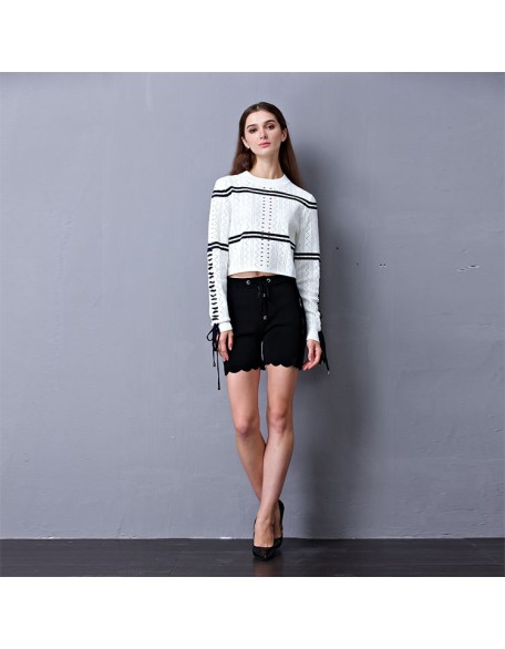 Knitwear manufacturers custom fall long sleeve cutout crop top casual round neck women clothes pullover knitted sweater women