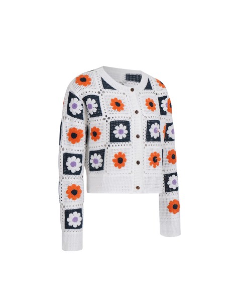 Knitwear manufacturers custom summer white crew neck long sleeves embroidered handmade crochet women cardigan sweater