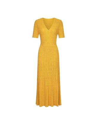 Knitwear manufacturers custom orange v neck rib elegant woman summer casual long dresses sweater knit women's dresses
