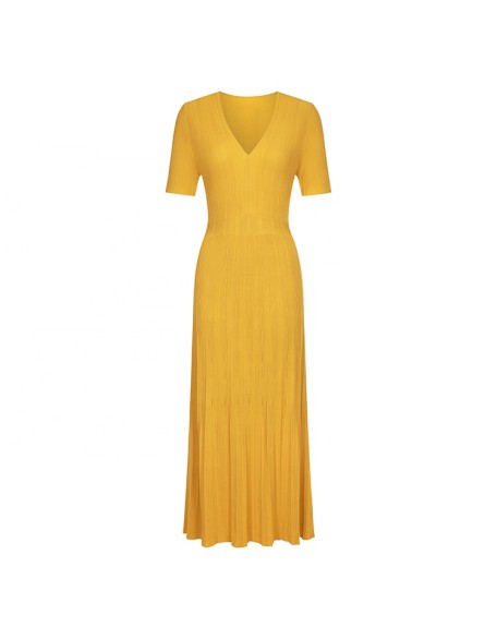 Knitwear manufacturers custom orange v neck rib elegant woman summer casual long dresses sweater knit women's dresses