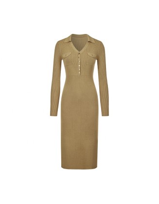 Knitwear manufacturers custom autumn v neck ribbed elegant casual women's dresses vestido longo sweater knit women's dresses
