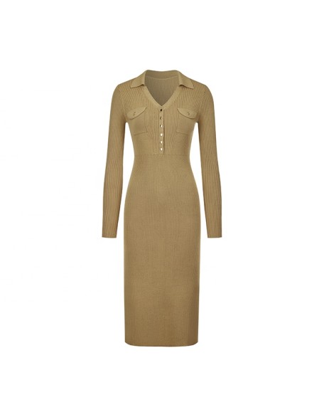 Knitwear manufacturers custom autumn v neck ribbed elegant casual women's dresses vestido longo sweater knit women's dresses