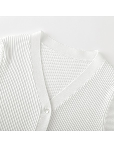 Knitwear manufacturers custom autumn white v neck ribbed elegant casual high quality women cardigan knit sweater cardigan women