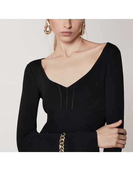 Knitwear manufacturers custom black v neck elegant casual sweater dress women clothing fall 2023 knit women's dresses