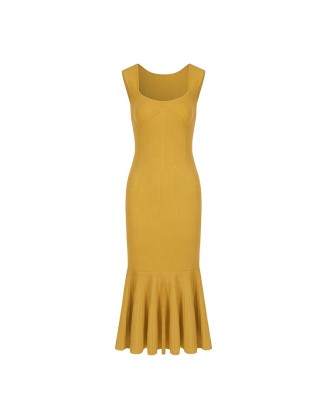 Knitwear manufacturers custom orange sleeveless elegant casual fishtail dresses women sexy formal sweater knit women's dresses