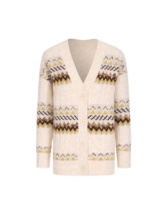 Knitwear manufacturer custom spring v neck long sleeved floral designs loose knit sweater cardigan women